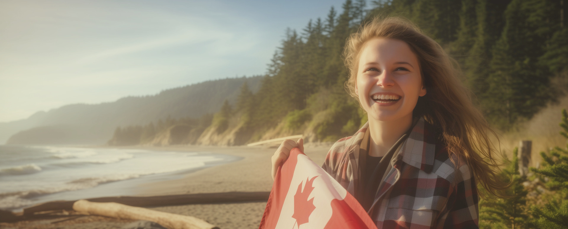 Girl at beach A smiling girl holding a Canadian flag at the beach.